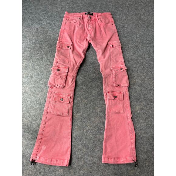 ESNTL LAB Men’s Cargo Pockets Fitted Pink Draw-String Hem Stacked Jeans Size 32 - Picture 1 of 4
